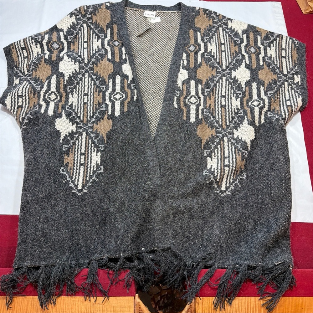Sioni GRAY TAN geometric Fuzzy Knit Open Cardigan Long Fringe Sweater Slouchy 3X